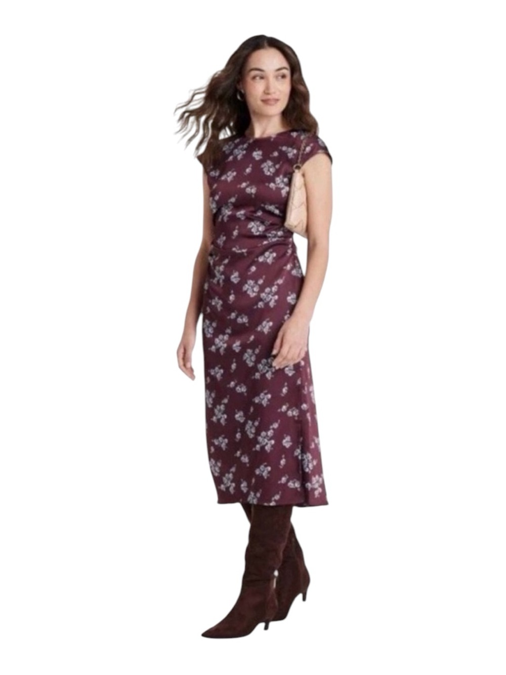 A New Day Women’s Size 2X Floral Cap-Sleeve Dress in Burgundy